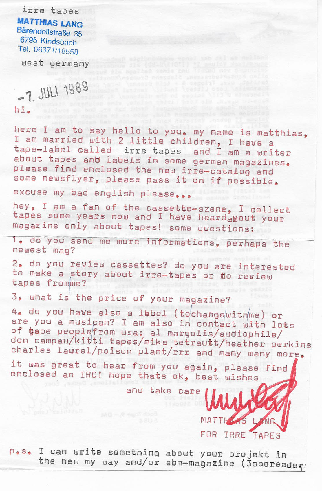 1989 Letter From Matthias Lang of Irre Tapes