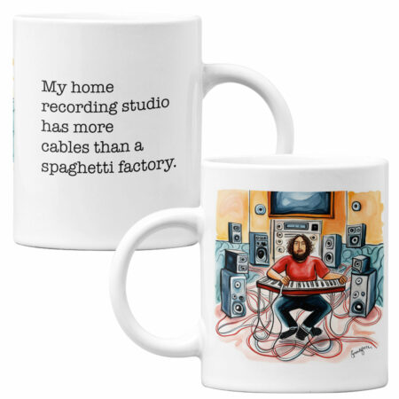 11 oz Mug: My home recording studio has more cables than a spaghetti factory